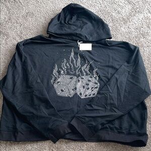 MNML Black Hooded Sweater with Rhinestone Flames